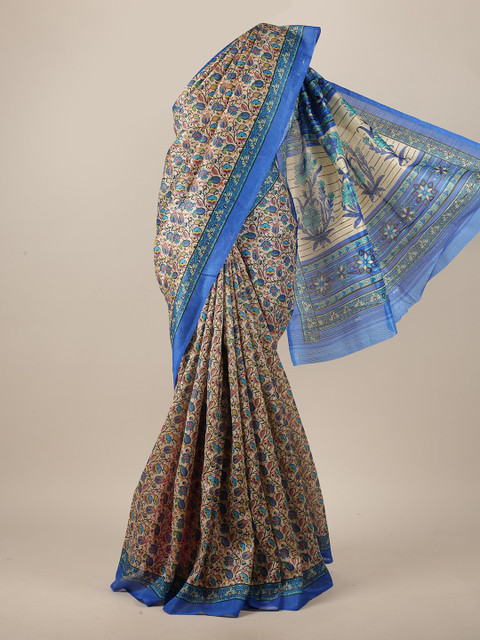 

Pothys Cream-Coloured & Blue Floral Motifs Printed Saree