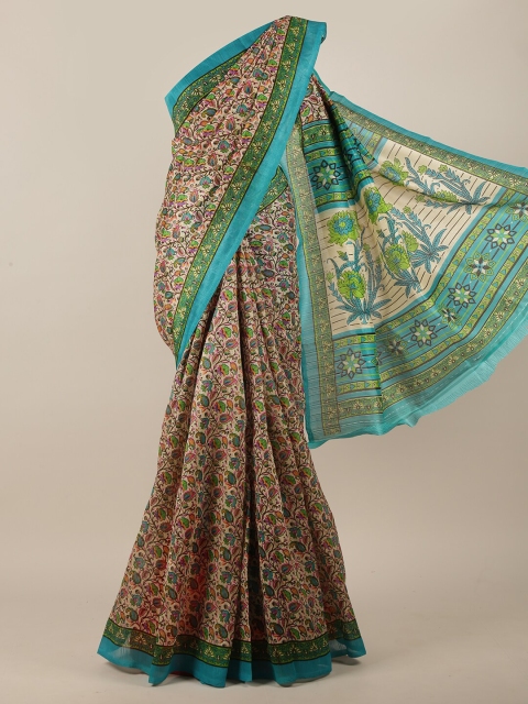 

Pothys Cream-Coloured & Green Floral Motifs Printed Saree