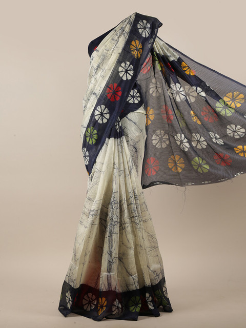 

Pothys Off White & Navy Blue Tie and Dye Saree