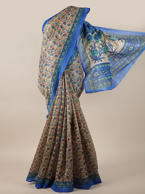 

Pothys Cream-Coloured & Blue Floral Saree