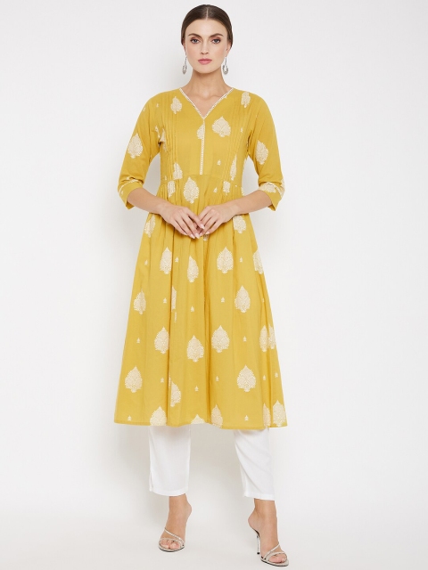 

One of a Kind Women Yellow & White Ethnic Motifs Printed Anarkali Kurta