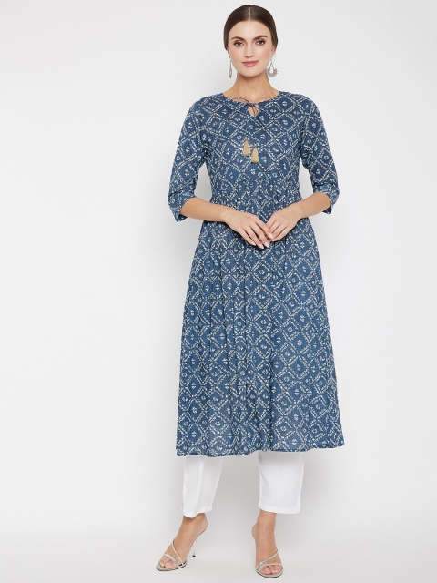 

One of a Kind Women Blue & White Geometric Printed Anarkali Kurta