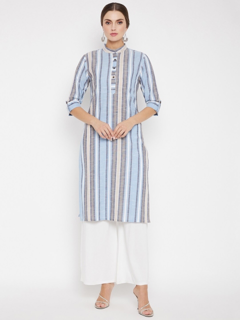 

One of a Kind Women Blue & Grey Striped Straight Kurta