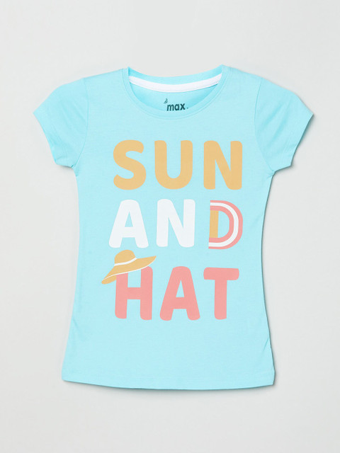 

max Girls Turquoise Blue Typography Printed Pure Cotton T-shirt