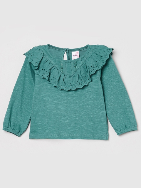 

max Girls Green Schiffli Embroidered Knitted Pure Cotton Regular Top
