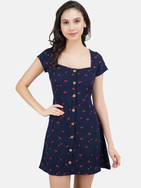 

JAAIVE Navy Blue & Red Square Neck Crepe Mini Fit & flare Dress