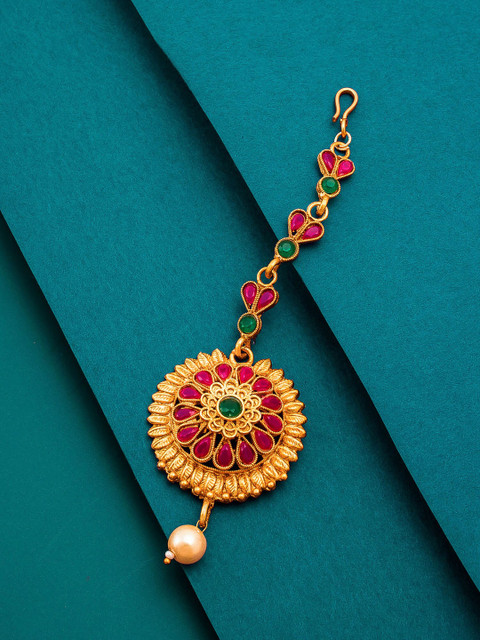 

aadita Women Gold-Toned & Red Ruby and Pearls Studded Maang Tikka