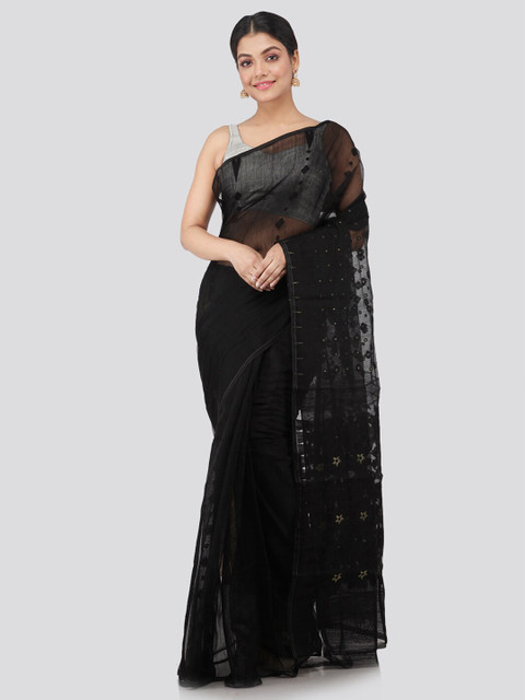 

PinkLoom Black Floral Pure Cotton Jamdani Sustainable Saree