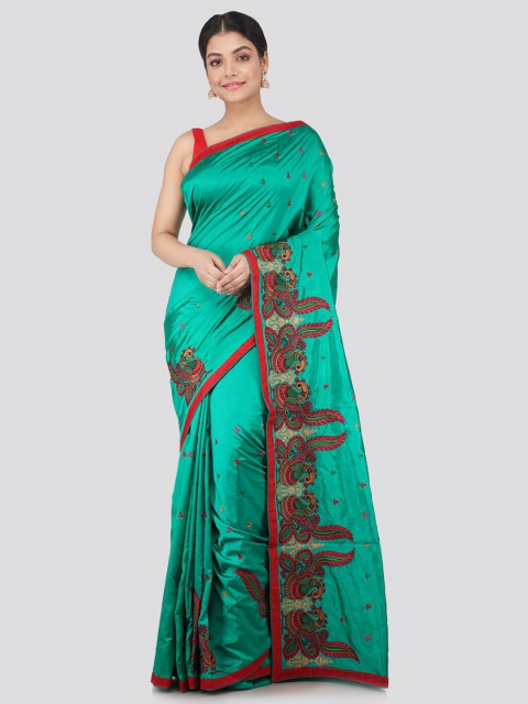 

PinkLoom Sea Green & Red Ethnic Motifs Pure Silk Saree