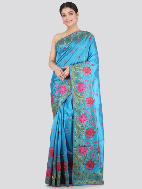 

PinkLoom Blue & Pink Floral Pure Silk Saree