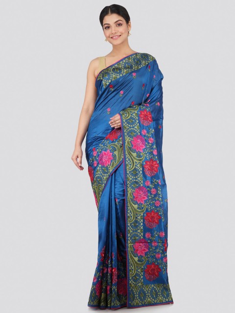 

PinkLoom Blue & Red Floral Pure Silk Saree