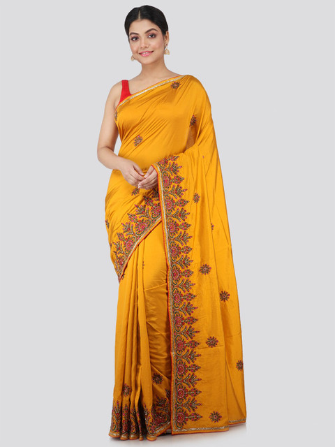 

PinkLoom Yellow & Pink Floral Embroidered Pure Silk Saree