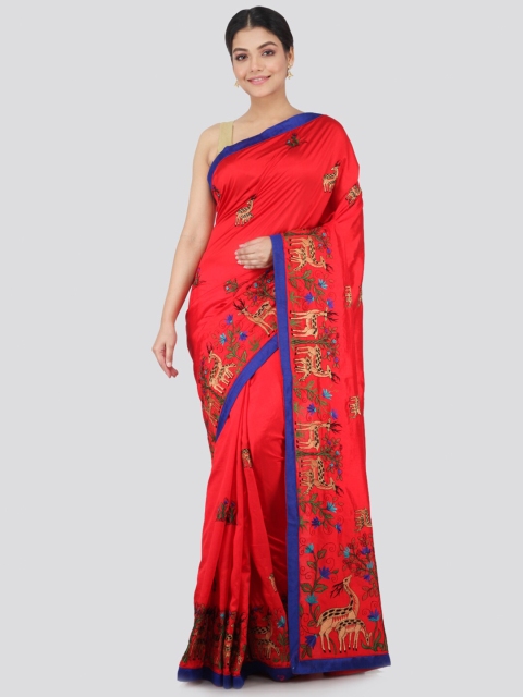 

PinkLoom Red & Green Floral Embroidered Pure Silk Saree