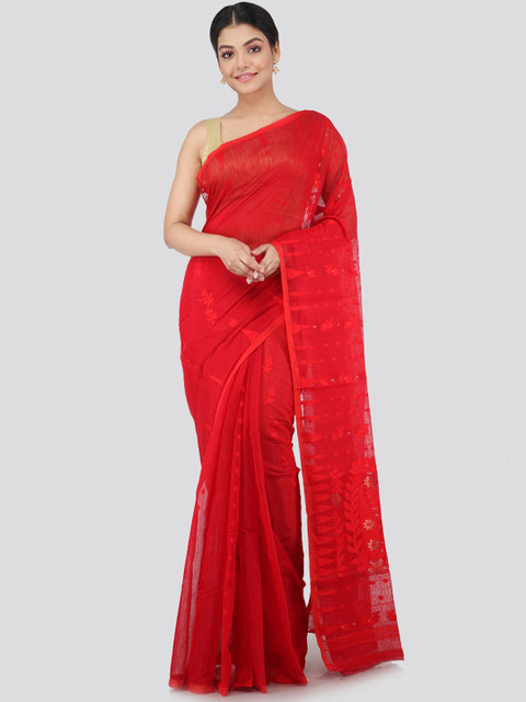 

PinkLoom Red Floral Pure Cotton Jamdani Sustainable Saree