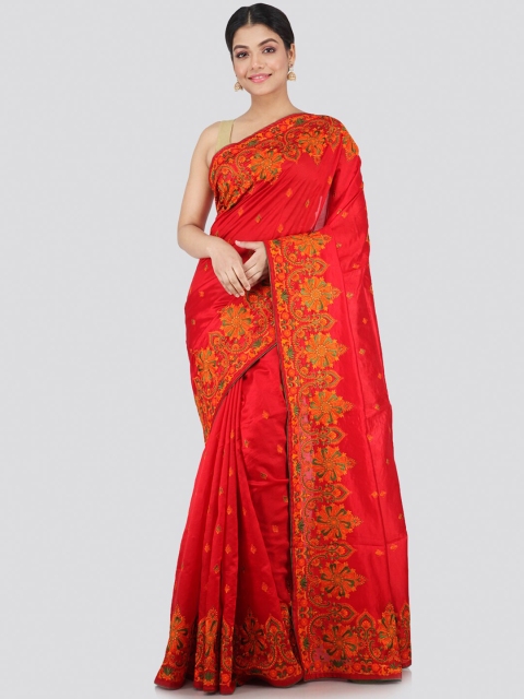 

PinkLoom Red & Green Ethnic Motifs Embroidered Pure Silk Saree