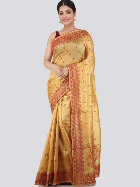 

PinkLoom Beige & Red Ethnic Motifs Embroidered Pure Silk Saree