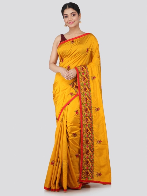 

PinkLoom Yellow & Pink Floral Pure Silk Saree