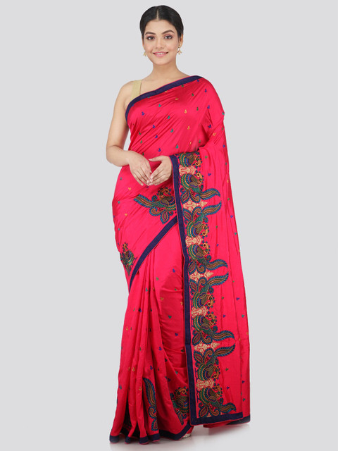 

PinkLoom Pink & Blue Floral Pure Silk Saree