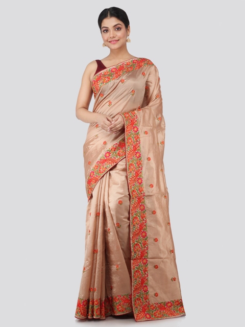

PinkLoom Beige & Orange Floral Pure Silk Saree