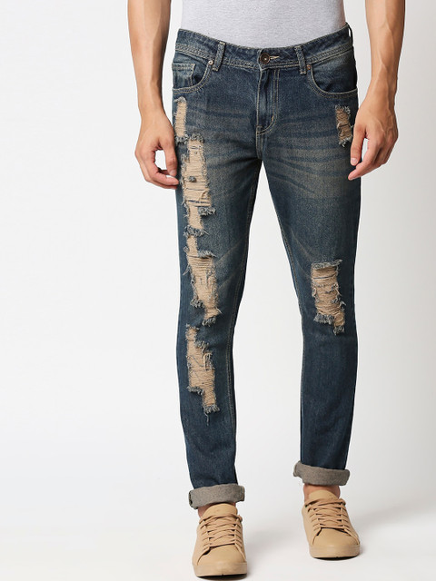 

High Star Men Blue Straight Fit Highly Distressed Light Fade Jeans