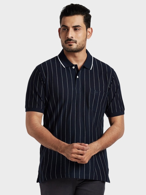 

ColorPlus Men Blue Striped Polo Collar Drop-Shoulder Sleeves Pockets T-shirt