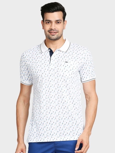 

ColorPlus Men White & Blue Printed Polo Collar Pockets Cotton T-shirt
