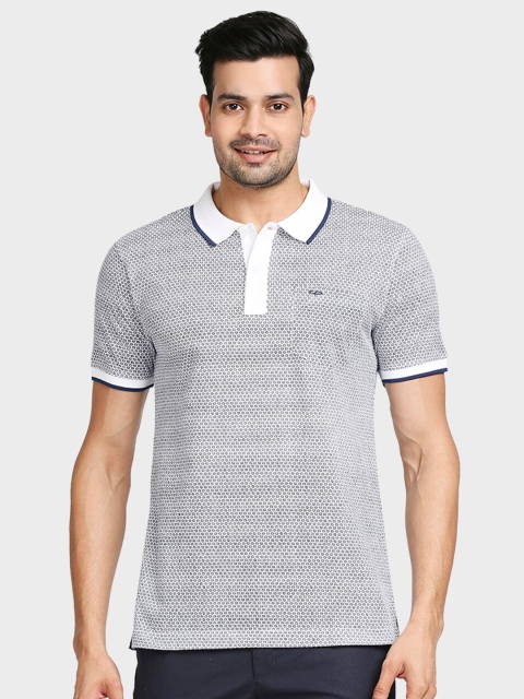 ColorPlus Men White & Grey Melange Striped Polo Collar T-shirt