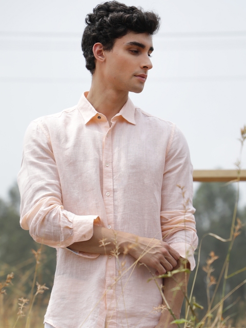 

RARE RABBIT Men Peach-Coloured Slim Fit Opaque Linen Casual Shirt