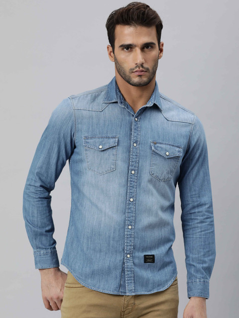 

RARE RABBIT Men Blue Slim Fit Opaque Faded Cotton Casual Shirt