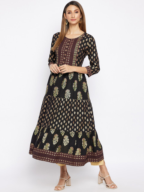 

Prakhya Women Black & Gold-Toned Ethnic Motifs Printed Anarkali Kurta
