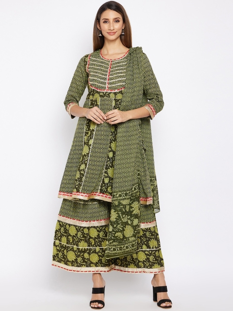 

Prakhya Women Green Floral Printed Panelled Gotta Patti Kurta with Sharara & Dupatta