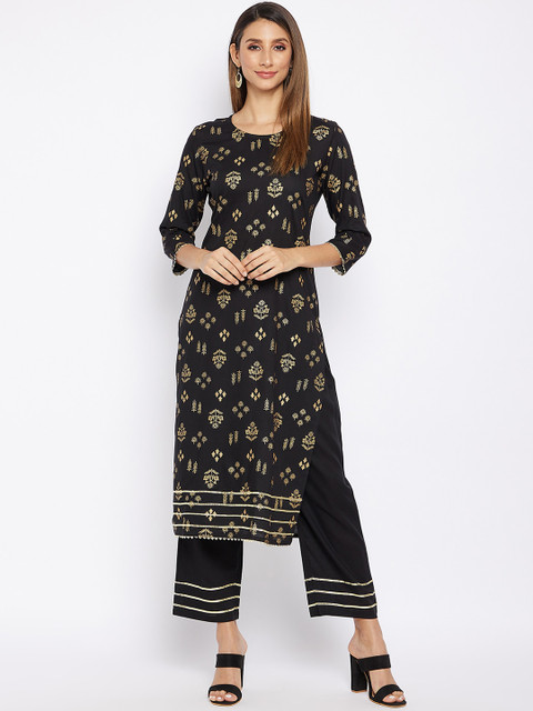 

Prakhya Women Black & Gold Coloured Ethnic Motifs Printed Gotta Patti Kurta with Palazzos