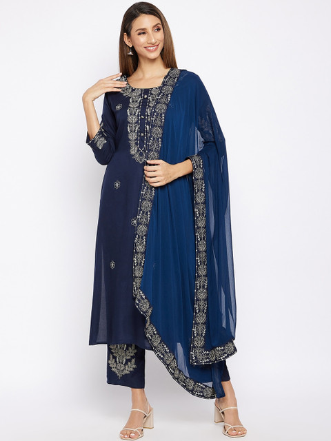 

Prakhya Women Blue & Grey Ethnic Motifs Embroidered Regular Kurta with Palazzos & Dupatta