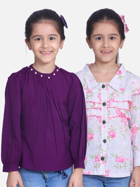 

Cutiekins Purple & White Floral Crepe Shirt Style Top