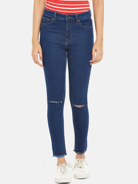 

People Women Blue Skinny Fit High-Rise Slash Knee Jeans