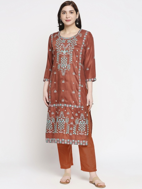

ZRI Women Brown & Sea Green Ethnic Motifs Embroidered Regular Kurta with Trousers