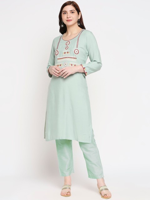 

ZRI Women Green Embroidered Regular Kurta with Trousers