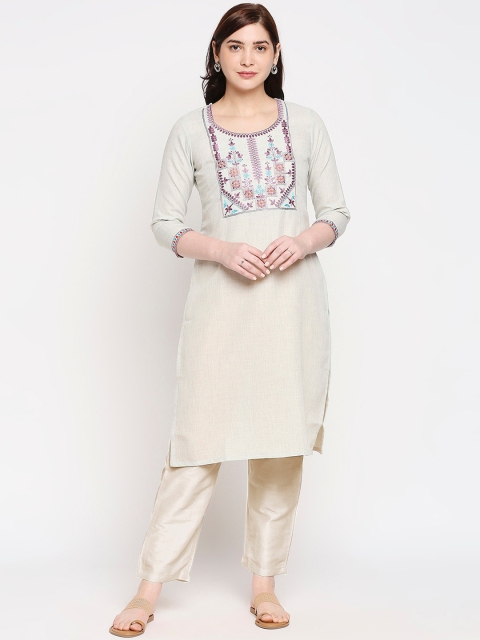 

ZRI Women Grey Ethnic Motifs Yoke Design Regular Thread Work Kurta with Trousers