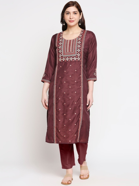 

ZRI Women Burgundy Ethnic Motifs Yoke Design Regular Thread Work Kurta with Trousers