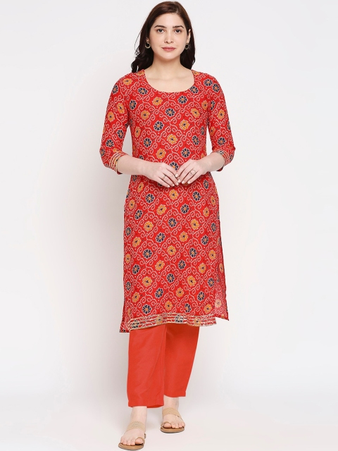 

ZRI Women Red Bandhani Printed Regular Kurta with Trousers