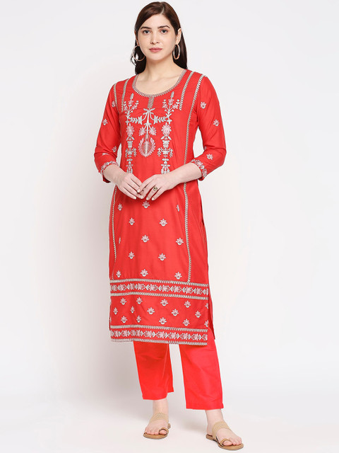 

ZRI Women Red Ethnic Motifs Embroidered Regular Thread Work Kurta with Trousers