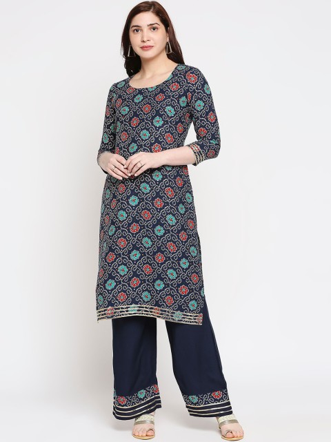 

ZRI Women Navy Blue Bandhani Printed Regular Kurti with Palazzos