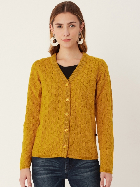 

Madame Women Mustard Yellow Self-Design Cardigan