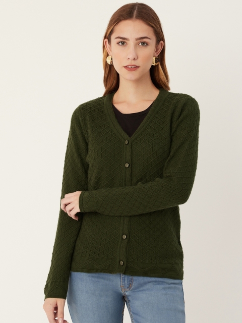 

Madame Women Olive Green Self Design Cardigan