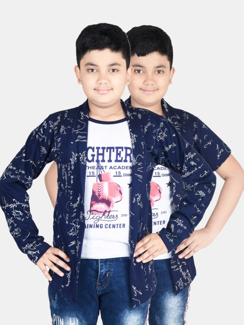 

Fabshio Boys Pack Of 2 Navy Blue & White Printed T-Shirts With Attached Shrugs