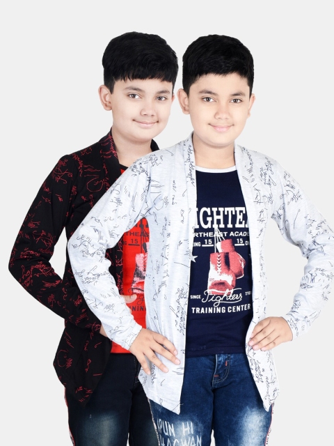 

Fabshio Boys Pack Of 2 Grey & Red Printed T-shirt With Attached Shrugs