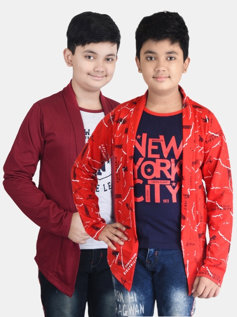 Fabshio Boys Pack Of 2 Printed T-Shirts With Attached Shrugs, Red
