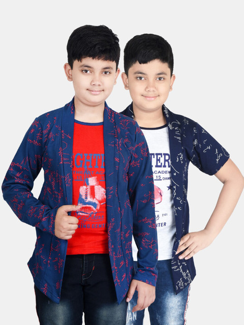 

Fabshio Boys Pack Of 2 Navy Blue & Red Typography Printed T-Shirts With Attached Shrug