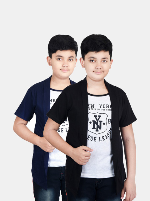 

Fabshio Boys Pack of 2 Black & Blue Typography Printed T-shirt With Attached Shrugs