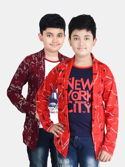 

Fabshio Boys Red & Maroon Printed T-shirt With Attached Shrugs Pack of 2